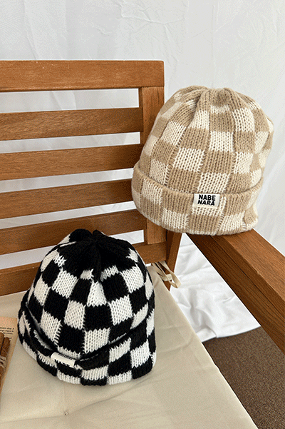 체커패치비니 모자 벙거지 겨울 니트 체크 패션